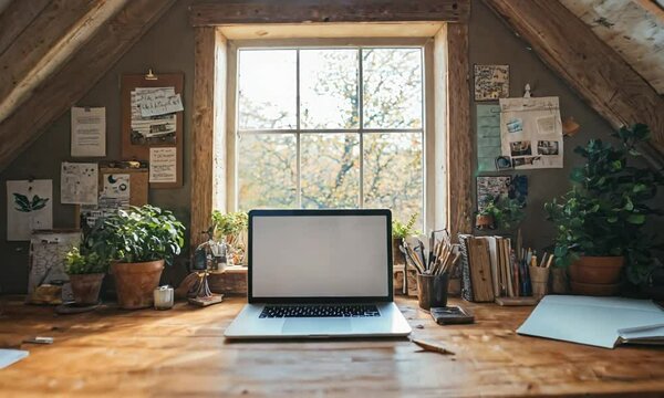 a laptop computer sitting on top of a wooden desk
