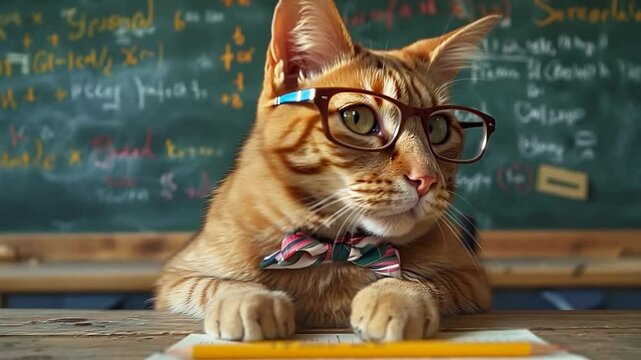 Cat wearing glasses and bow tie studies at a desk in a classroom setting