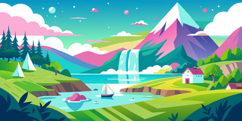 Fototapeta premium landscape with mountains and lake isolated on white background. PNG Transparent file type with high definition quality And vibrant color grading Available.