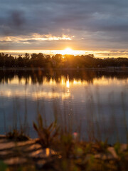 Obraz premium warm summer sunset over pond in Kaliningrad city