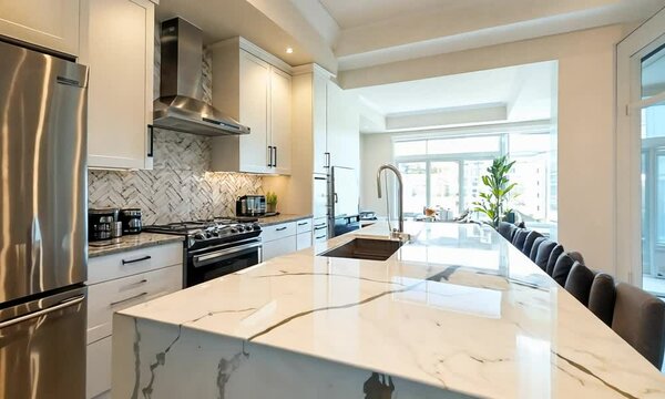 a kitchen with marble counter tops and stainless steel appliances