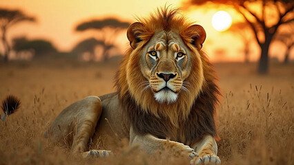 Portrait of a great lion, widescreen 16:9, 300 dpi, with free space for text