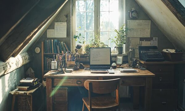 a desk with a computer on top of it