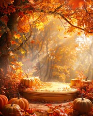 podium in autumn golden forest