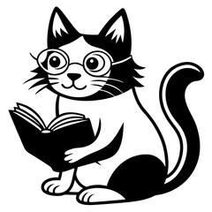 Charming White Cat with Glasses Reading a Book Vector Art