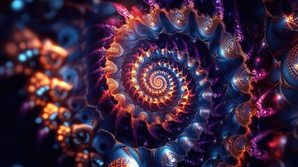Fototapeta premium A complex spiral fractal web with luminous, interwoven strands in vibrant colors, radiating from the center.