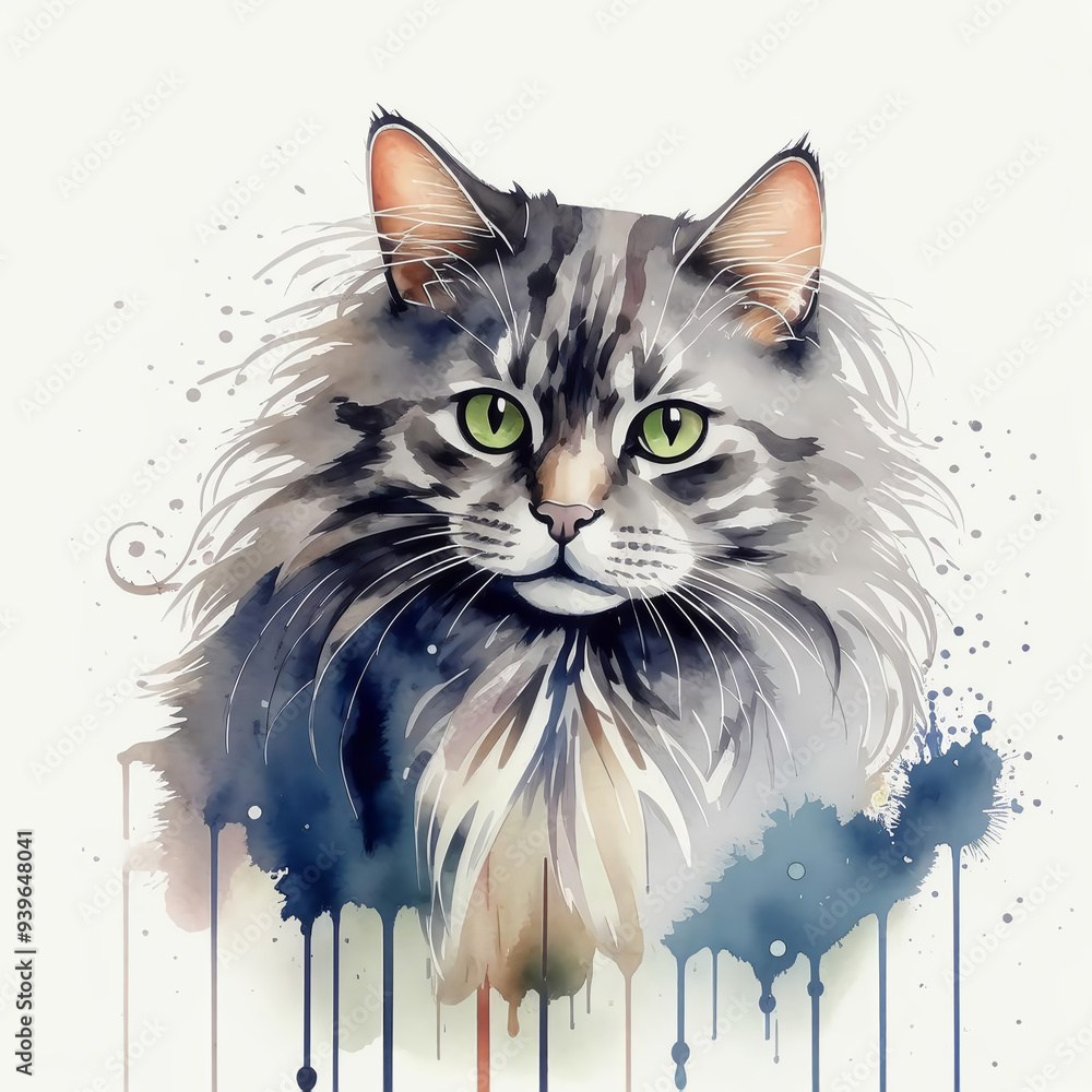 Wall mural grey fluffy cat. pet. a beautiful pet. watercolor illustration. artificial intelligence generator, AI, neural network image. background for the design.