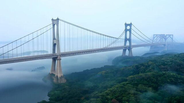 Bridge over the river in morning fog. Abstract suspension bridge on natural landscape with aerial view
