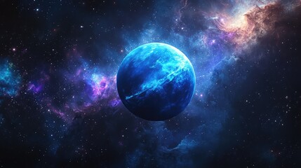 Obraz premium A close-up view of Neptune, illuminated by distant starlight, against a backdrop of colorful galaxies and interstellar dust.