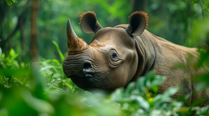 Critically endangered Javan Rhino in dense tropical jungle, A poignant reminder of habitat loss, Showcasing the unique biodiversity of the area, Essential for studies on species preservation