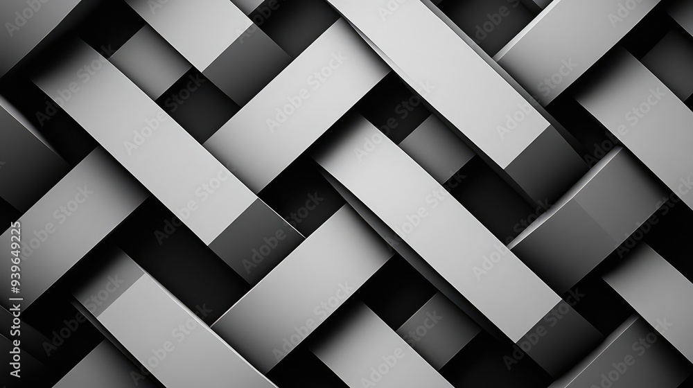 Poster a clean and dynamic black and white geometric pattern of interlocking chevrons, creating visual dept