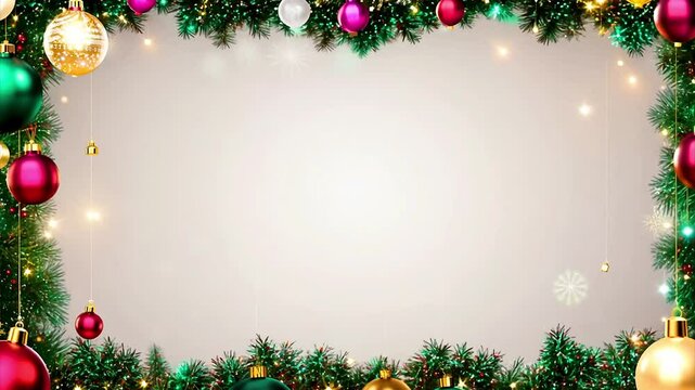 Christmas holiday border of fir branches with colorful decoration with copy space for text. AI generation.