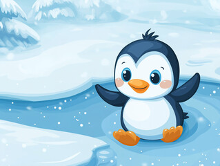 Fototapeta premium Charming Vector Illustration of a Curious Penguin Gleefully Sliding on Ice - Ideal for Children's Book Illustrations and Frosty Winter Art