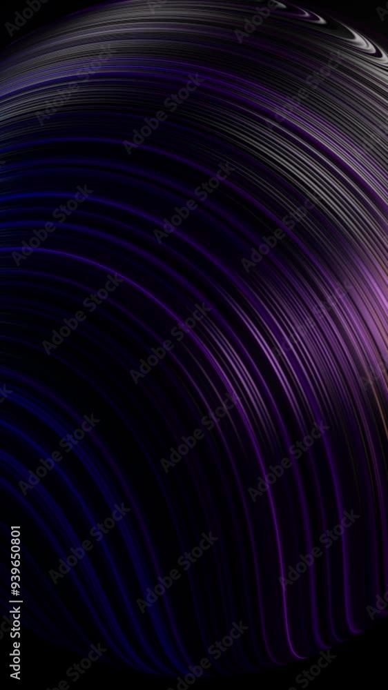 Aufkleber abstract 3d ball covered with many narrow curved lines rotating isolated on black background, seamle