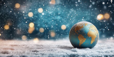Fototapeta premium A vintage globe covered in snow sits on a soft, snowy surface with a gentle abstract background of turquoise and bokeh lights