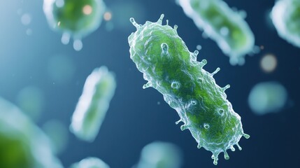 Fototapeta premium Close-up view of green bacteria with a detailed texture, showcasing their unique shapes and structures in a microscopic environment.