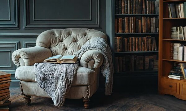 cozy armchdigitalr scene with hassock and book stack