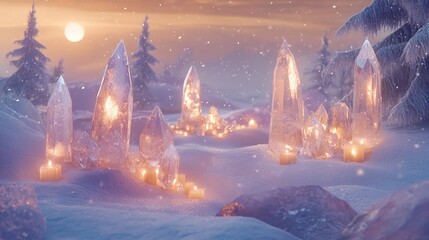 Fototapeta premium Behold, a winter wonderland of quartz minerals and flickering candles illuminating the snowy expanse. These gemstones serve as mystical tools in the realm of witchcraft