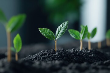 A close-up view of fresh green sprouts emerging from rich, dark soil, symbolizing growth and nurturing nature.