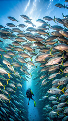 Mexico, Baja California, Sea of Cortez, Cabo Pulmo. As soon as I got in the water, I was greeted by thousands of Jacks, swimming peacefully and creating all kinds of beautiful silhouettes. It is very 