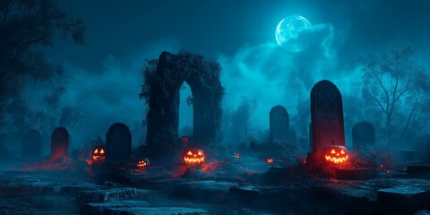 A foggy, moonlit autumn night in an ancient cemetery, featuring tombstones, jack-o’-lanterns, and swirling mists