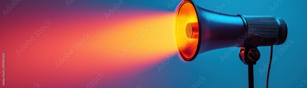 Poster a dynamic image of a megaphone projecting bright, colorful light, symbolizing communication and anno