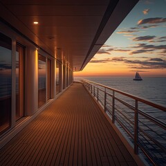 Serene sunset view from a cruise ship deck, showcasing the ocean and sailing boat amidst tranquil colors.