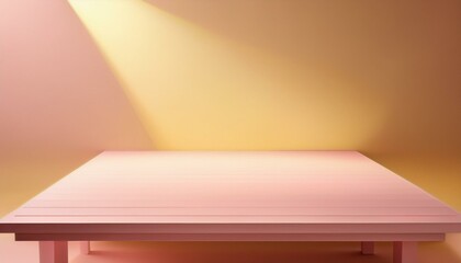 Paper table background  illuminated by a beam of light. Empty studio with soft pale colours. Minimalist mockup podium for showcase. Empty desk, interior room for displaying products. Pink and yellow