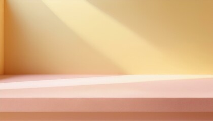 Paper table background  illuminated by a beam of light. Empty studio with soft pale colours. Minimalist mockup podium for showcase. Empty desk, interior room for displaying products. Pink and yellow