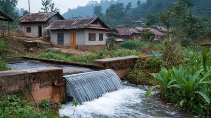 Rural Hydropower Installation with Compact Turbine and Natural Backdrop