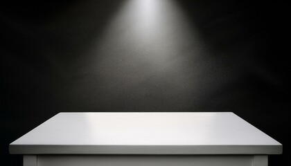 Empty studio with black background. White table with spotlight. Minimalist mockup podium for showcase. Marble desk illuminated by spotlight, interior room for displaying products	