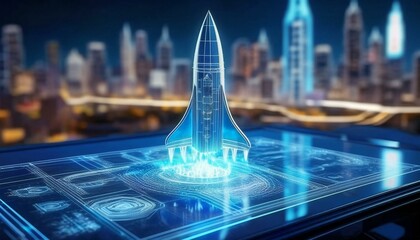 Futuristic holographic outline model of a spacecraft taking off. Cold tone wireframe of a spaceship. Polygonal model. Modern city in the background	