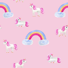Children's cute magic seamless pattern with unicorn and rainbow. Watercolor illustration on pink background. For wrapping paper, textile, wallpaper