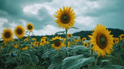 Obraz premium A vibrant field of sunflowers under a cloudy sky, showcasing natural beauty.