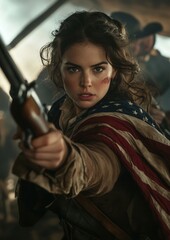 A determined woman in historical attire, pointing a rifle with confidence and passion, embodying bravery and strength.