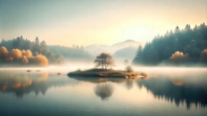 Fototapeta premium Foggy Lake with Golden Autumn Island Reflecting Tranquil Dawn