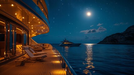 Serene evening on a luxury yacht, illuminated by moonlight over tranquil waters, creating a peaceful and elegant atmosphere.