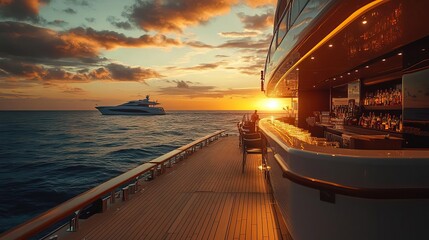 A stunning sunset view from a luxury yacht, featuring rich colors reflecting on the ocean, perfect for travel and relaxation themes.