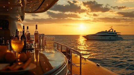 A luxurious yacht at sunset, featuring drinks on the deck and a serene ocean view, perfect for relaxation and escape.