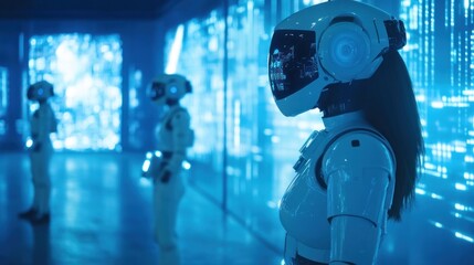 Futuristic Robots in a Blue Lit Room