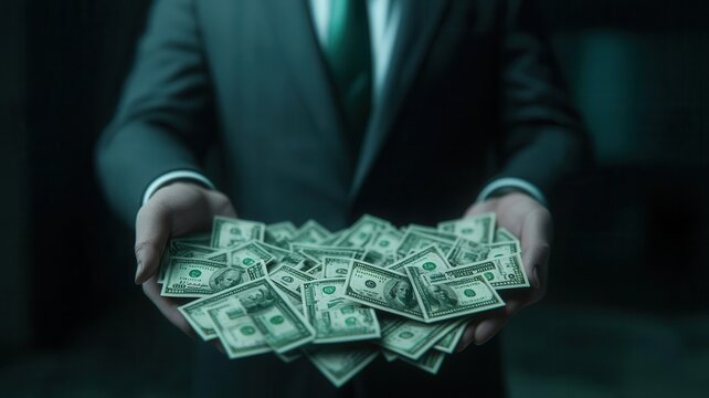 Mafia figure handing out envelopes of cash in a darkened room, photorealistic, hyper-resolution, distribution of illicit wealth