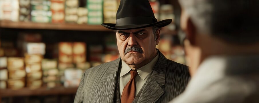 Mafia enforcer collecting protection money from a trembling shopkeeper, photorealistic, hyper-resolution, intimidation and fear