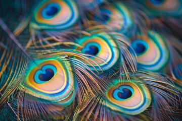 Obraz premium Vibrant colors of peacock feathers. Intricate patterns create a stunning visual effect. Perfect for nature enthusiasts and art lovers. Captivating beauty for creative projects. Generative AI