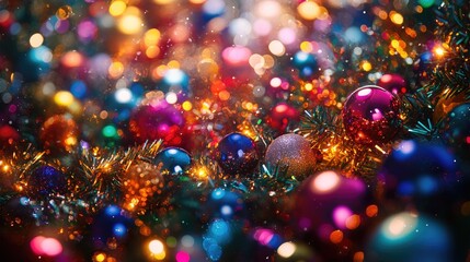 Naklejka premium Colorful Christmas Ornaments and Festive Lights Creating a Magical Holiday Atmosphere
