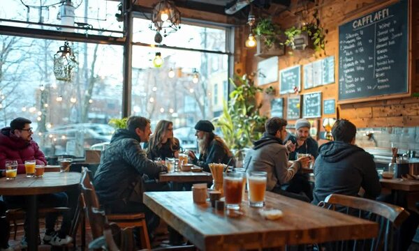 a group of people sitting at a table in a restaurant