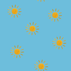 Children's cute seamless pattern with sun. Watercolor illustration on blue background. For wrapping paper, textile, wallpaper, fabric, backgrounds