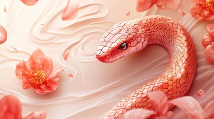 Obraz premium Elegant Pink Snake Among Soft Flower Petals in Serene Artistic Setting