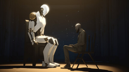A robot and a man sitting in chairs.. AI Generated