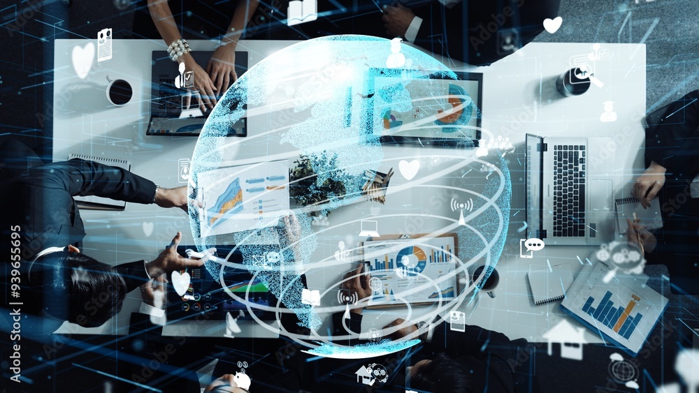 Poster top down aerial view of skilled business team listening manager present global networking system whi