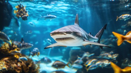 Fototapeta premium Shark swimming underwater in an aquarium